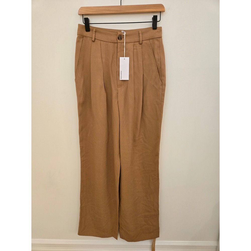 Reformation Mason Pant Camel Tencel Wide Leg Pleated Trousers Women's 4 NWT